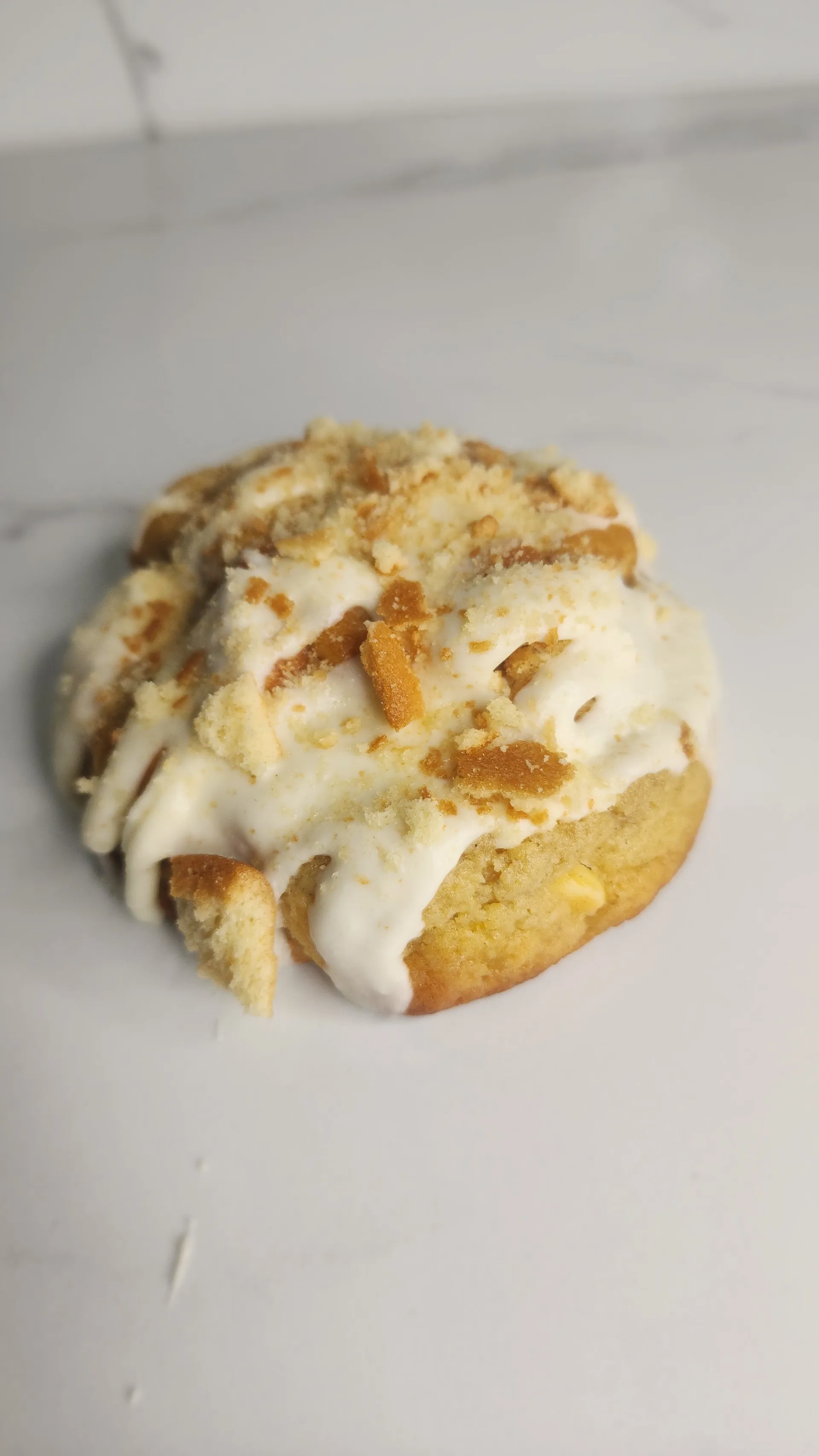 Close-up of a frosted cookie topped with golden crumbs
